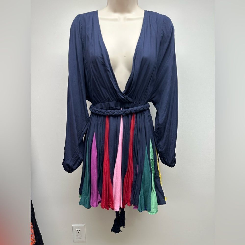 L’ATISTE Rainbow Pleated Mini Dress Size M NWT Colorblock Skater Dress - Picture 3 of 10